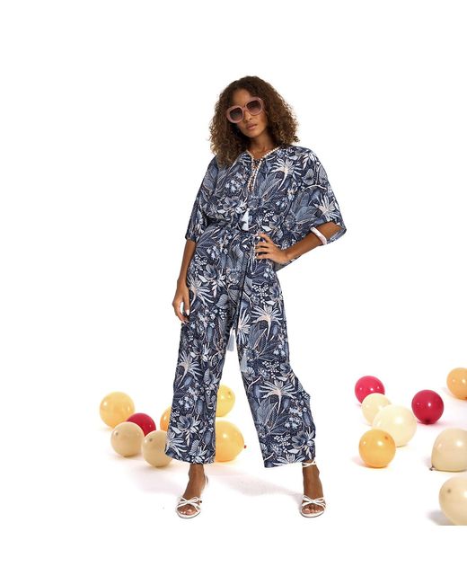 Lalipop Design Blue Floral Print Jumpsuit With Fluttering Cape Sleeves