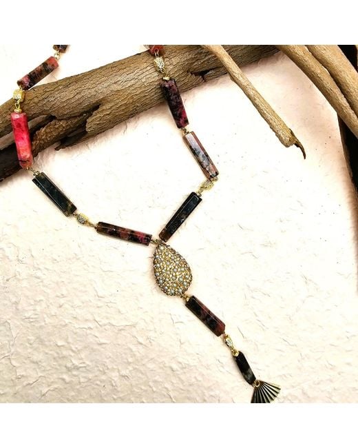 Farra Metallic Elegant Y-Shaped Rhodonite Necklace With Tassel Accents