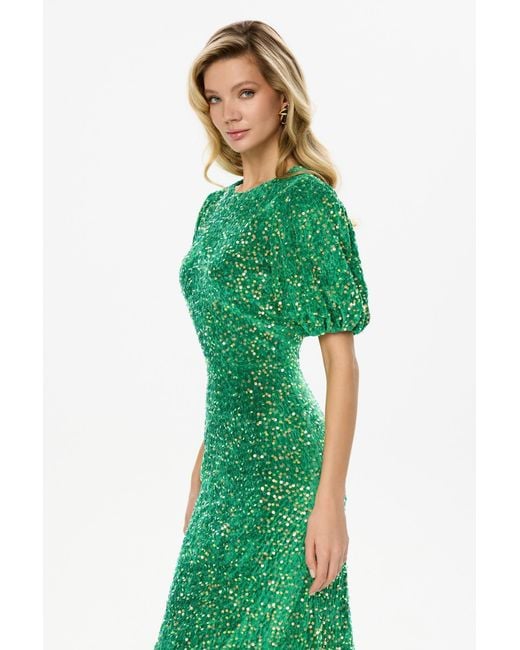 POST MERIDIEM Green Sequin Decorated Velvet Puff Sleeve Midi Dress