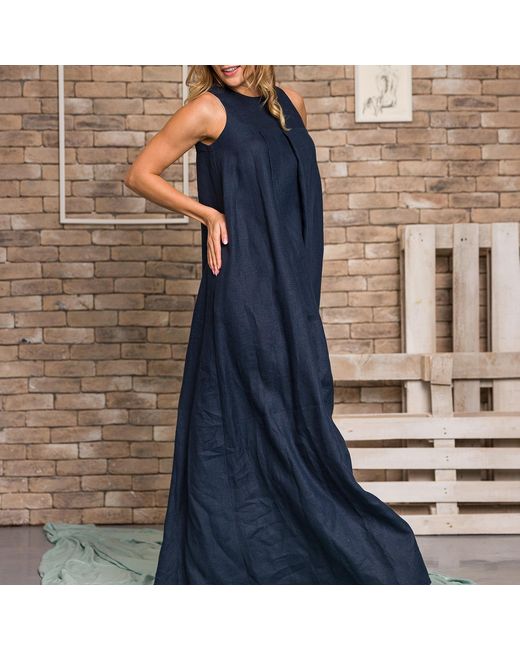 Nikka Place Blue Linen Loose Maxi Dress With Pockets
