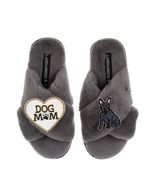 Laines London Women's Black Classic Slippers With Dog Mum/Mom & Sitting French Bulldog Brooches