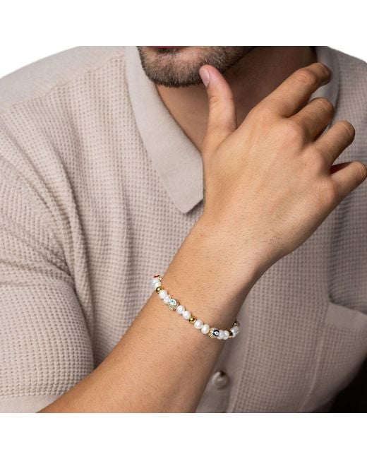 Nialaya Metallic Evil Eye Pearl Bracelet for men