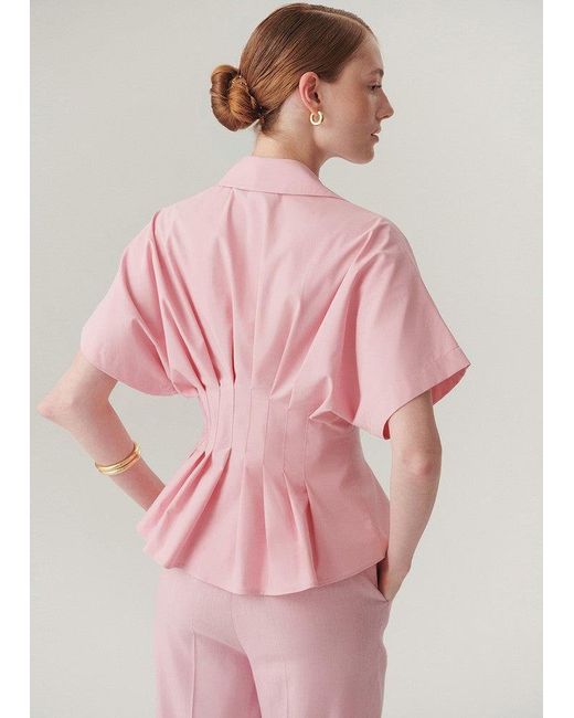 Exquise Pink Regular Pleated Waist Button-Up Blouse