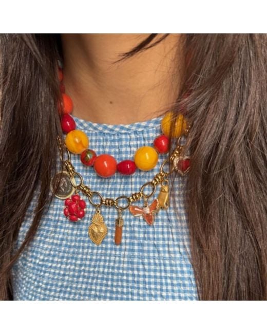Achala Handcrafted Metallic Coral Charm Necklace With Cat Eye Bee Charm & Coin Charm