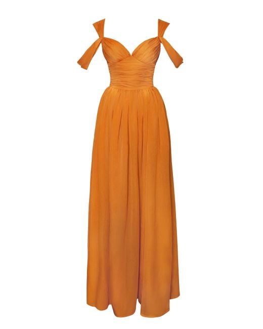 Miss Circle New York Orange Jelani Layered Mesh High-Slit Drape Maxi Dress