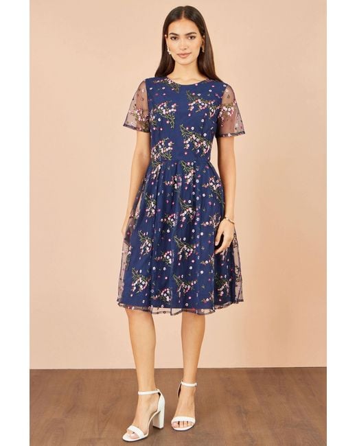 Yumi' Blue Embroidered Floral Mesh Prom Dress