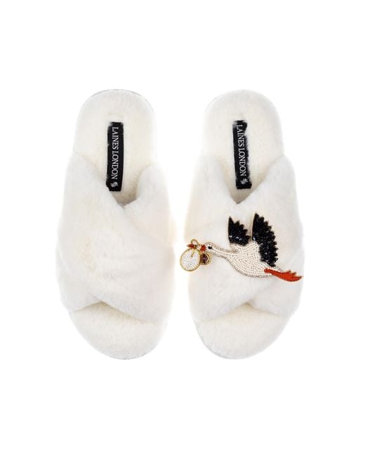 Laines London White Neutrals Cream Classic Laines Slippers With Baby Boy Stork Brooch