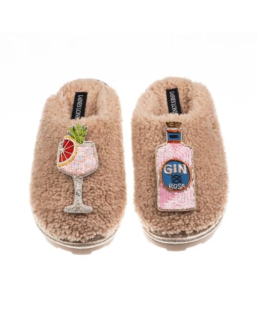Laines London Brown Neutrals Teddy Closed Toe Slippers With Rosa & Grapefruit Gin Brooches