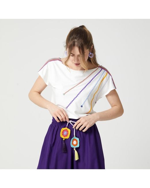 Lalipop Design Purple Cropped Wide-Leg Voile Pants With Crochet Belt