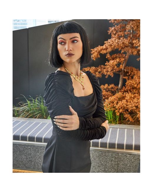 NALÈ Black Ava Ruched Sleeves Bodycon Dress