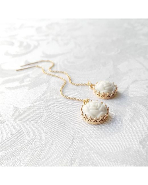 POPORCELAIN Metallic Mini Porcelain Rose With Filled Chain Earrings