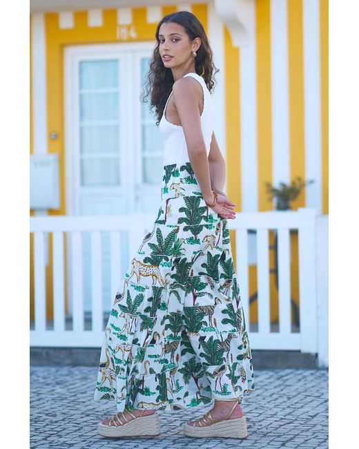 Yumi' Blue Animal Print Cotton Tiered Maxi Skirt