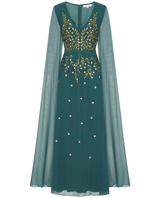 Frock and Frill Green Thalia Embroidered Cape Sleeve Maxi Dress