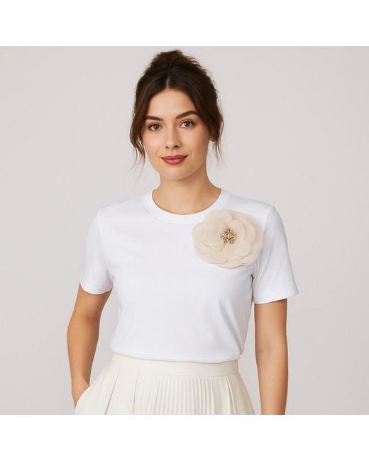 House of Laines London White Neutrals Laines Couture Embellished Cream Organza Corsage Brooch T-Shirt