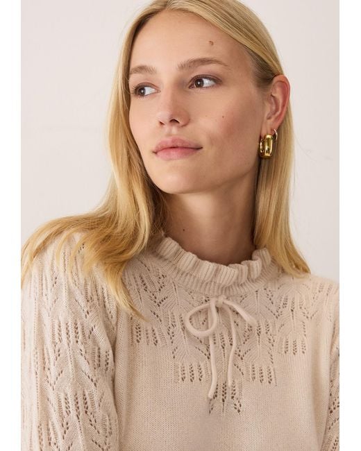 Loop Cashmere White Neutrals Tie Neck Pointelle Sweater