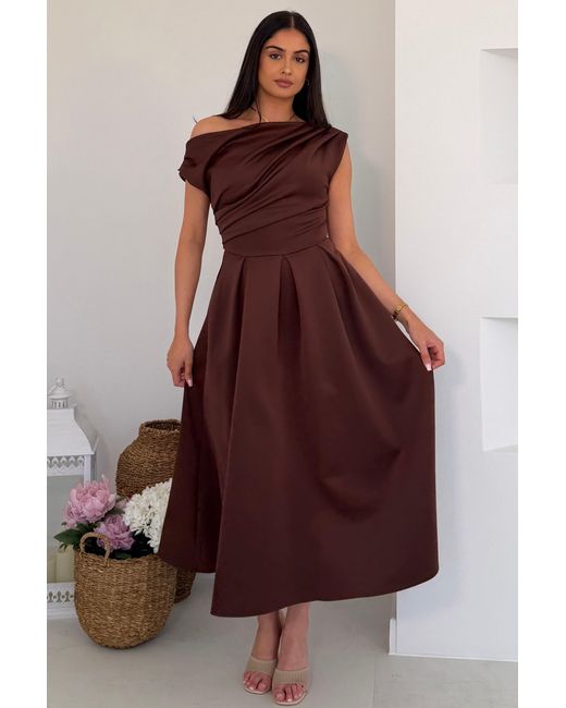 Girl In Mind Brown Betty Asymmetric Neckline Skater Midi