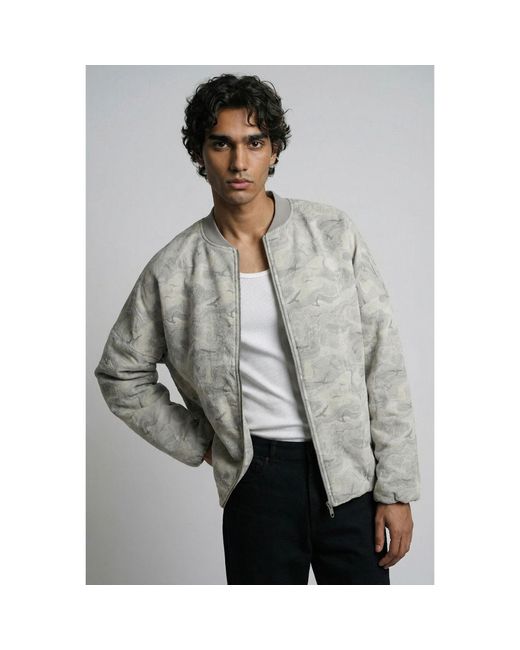 Modenaire Gray Printed Zip Front Bomber Jacket With Bird Pattern for men