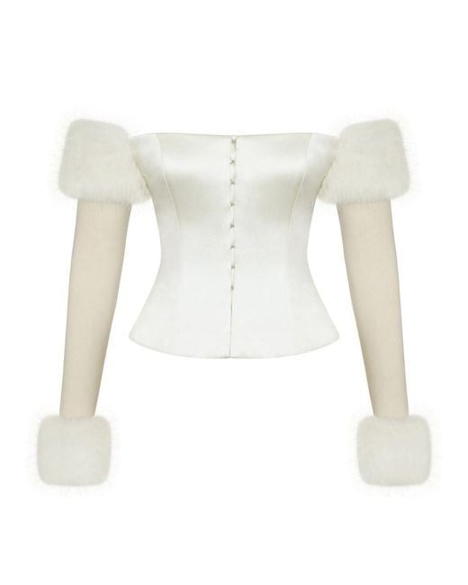 Miss Circle New York White Nola Ivory Off-Shoulder Fur Trimmed Top