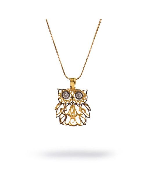 Ebru Jewelry Metallic Wisdom Owl Diamond Eyes Necklace
