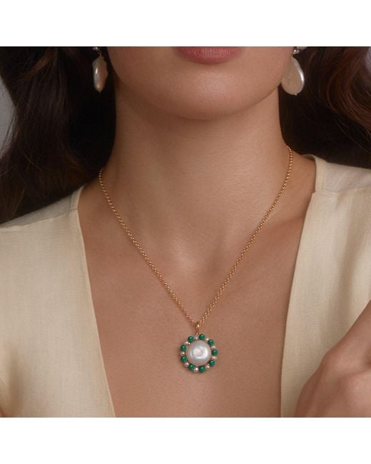 Vintouch Italy Metallic Lotus Gold-plated Pearl And Malachite Necklace