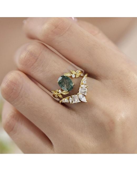 Azura Jewelry New York Metallic Between The Leaf Oval Moss Agate Ring Solid