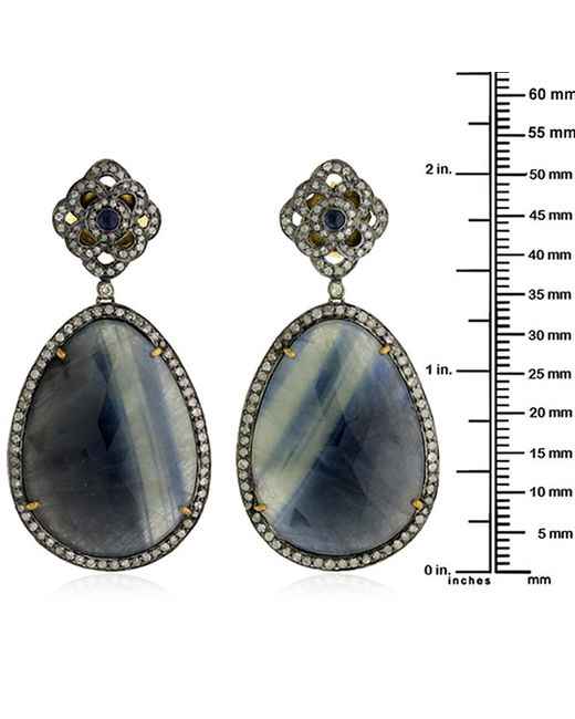 Artisan Blue Multi Sapphire & Diamond Designer Earrings In 18k Solid With Silver