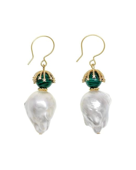 Farra Multicolor Baroque Pearl With Round Malachite Hook Earrings