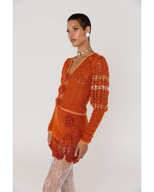 Andreeva Red Chrysanthemum Terracotta Handmade Crochet Cardigan