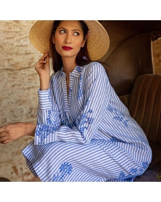 NoLoGo-chic Blue Tourist Hand Printed Stripe Linen Tunic Dress