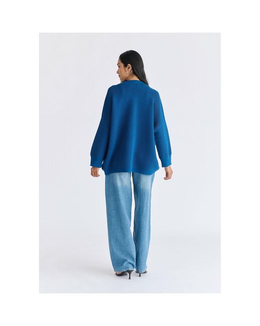 Paisie Blue Low Cut Polo Collar Ribbed Jumper