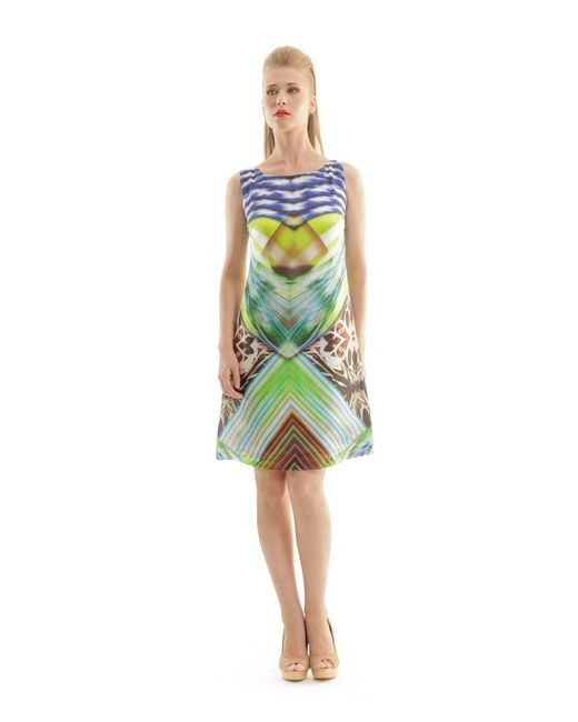 Conquista Blue Vibrant Geometric Print A-Line Dress
