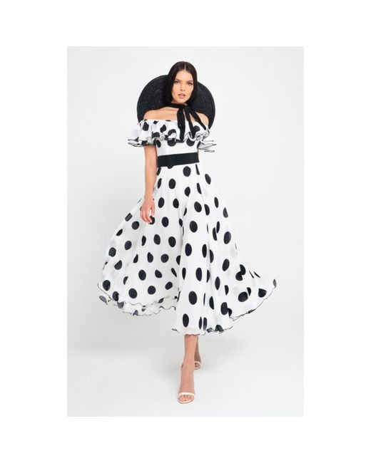 MATSOUR'I White 100% Silk Dress Scarlett Polka-Dots Midi