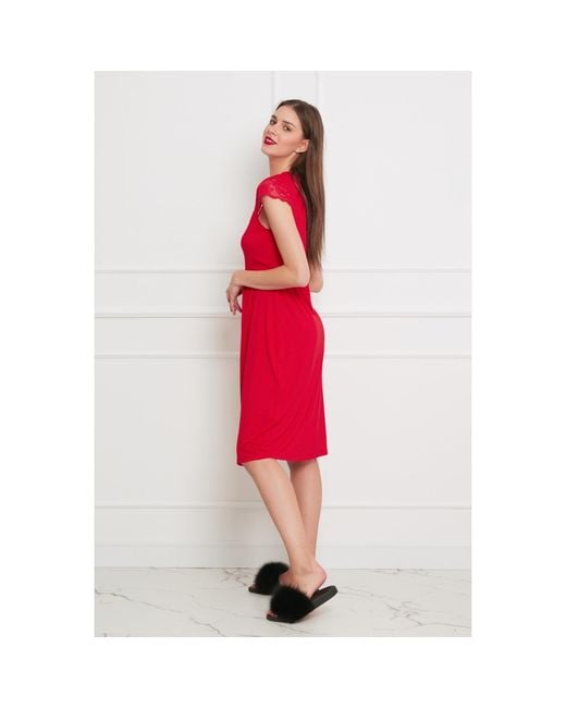 Oh!Zuza Red Classy Midi Nightdress With Lace