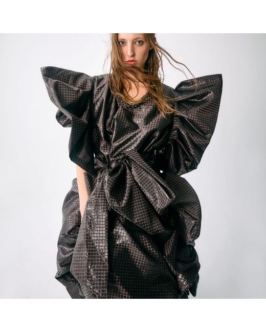 Miro Misljen Black Sequined Ruffled Wrap Dress