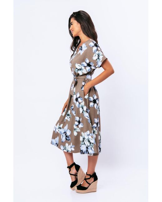 Conquista Blue Linen Style Floral Print Midi Dress With Belt