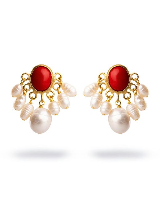 Ebru Jewelry Red Coral Pearl Cluster Drop Earrings