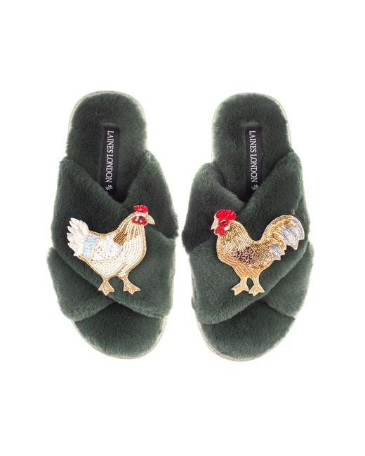 Laines London Green Classic Laines Slippers With Chicken & Rooster Brooches