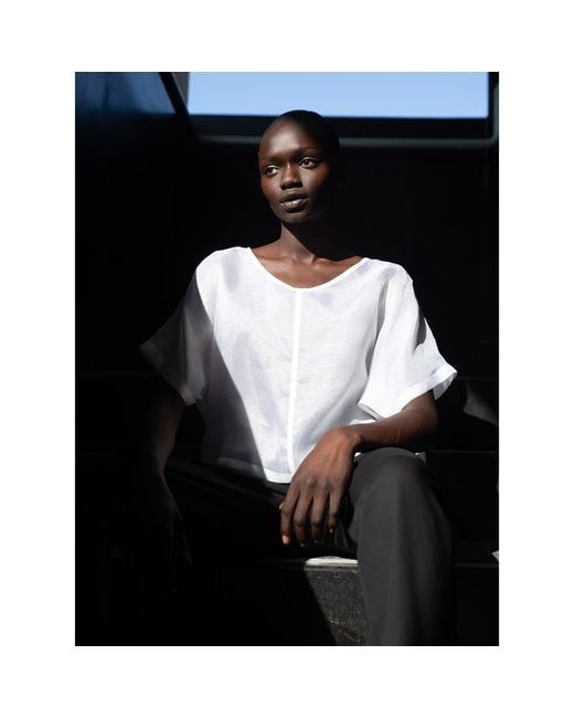 By Noa Rawitz Blue Silk Organza Boat Neckline Dolman Short Sleeves Top