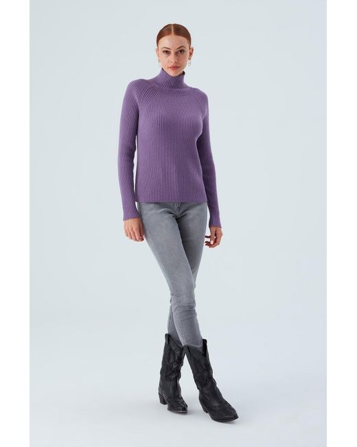 Peraluna Purple High Mock Neck Cashmere Blend Ribbed Knit Pullover