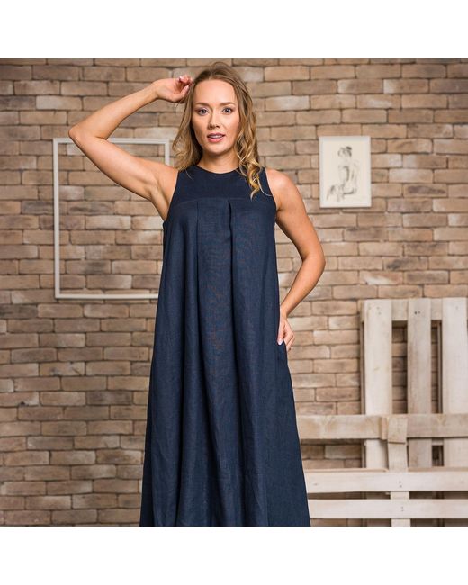 Nikka Place Blue Linen Loose Maxi Dress With Pockets