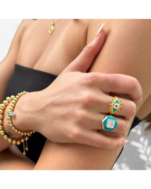 Ebru Jewelry Blue Clover Turquoise Enamel & Diamond Gold Lucky Ring