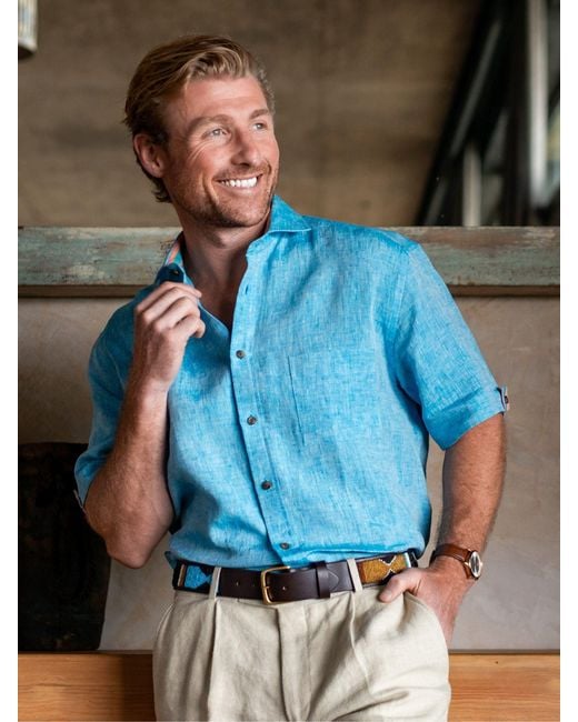 Koy Clothing Blue Nyota Short-Sleeved Linen Shirt for men