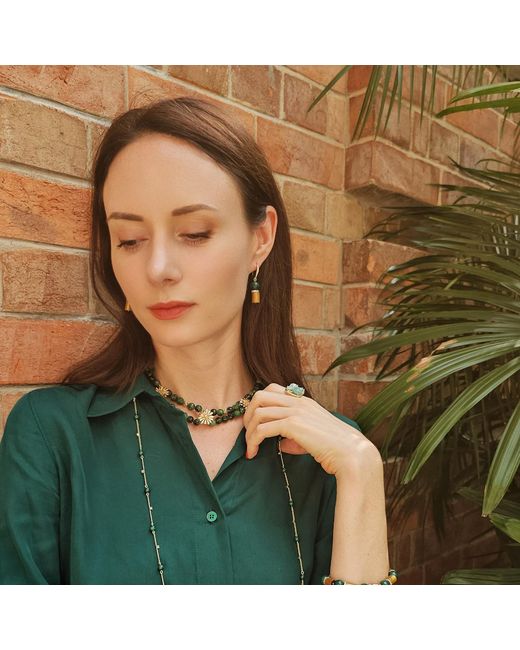 Farra Green Golden Coral With Malachite Dangle Earrings