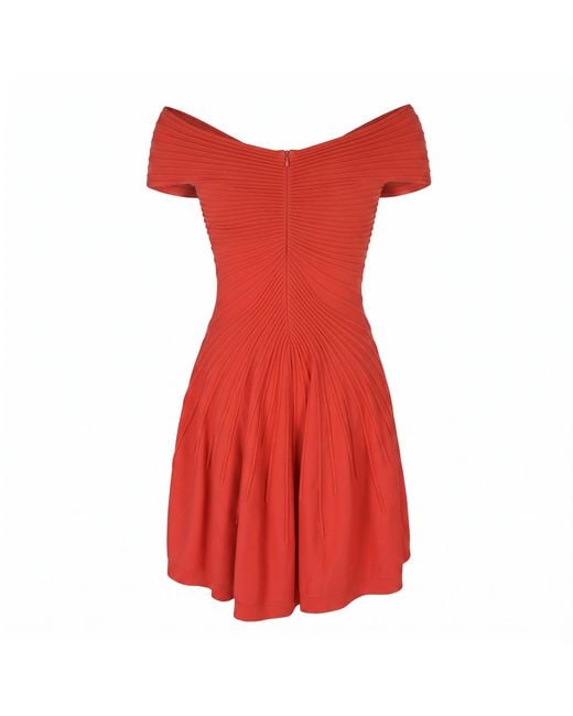Modenaire Red Elegant Off-Shoulder Pleated Dress With A-Line Silhouette