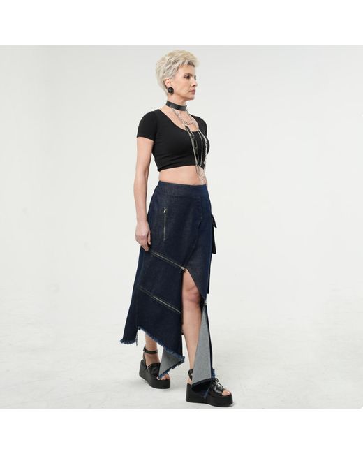 Metamorph Blue Asymmetric Dark Denim Skirt With Zippers