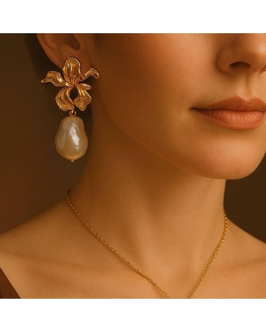 Ninemoo Metallic Bauhinia Blossom Baroque Pearl Earrings