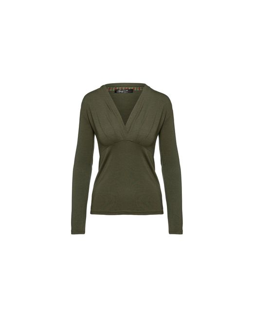 Conquista Green Neutrals Khaki Long Sleeve Faux Wrap Top In Stretch Jersey Sustainable Fabric