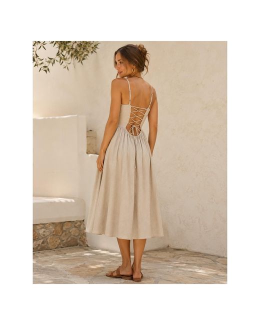 Oh!Zuza Natural Neutrals Linen Viscose Midi Dress Corset Back