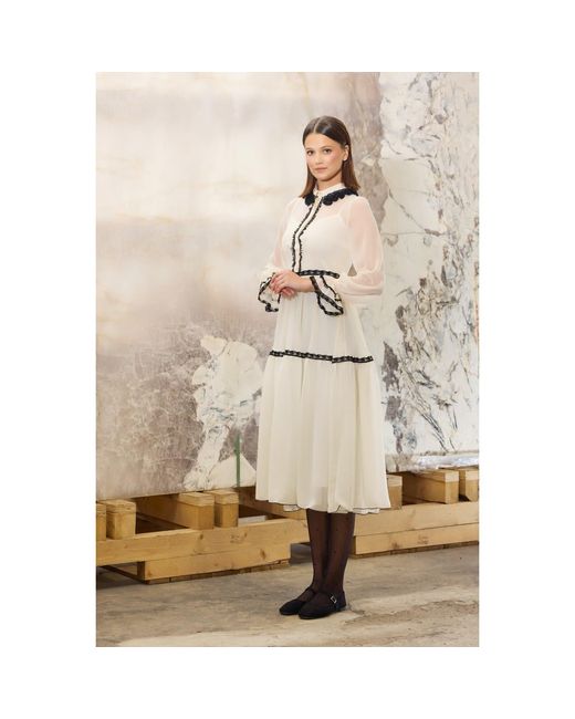 Georgette Natural Neutrals Cream Lace Trim Midi Dress
