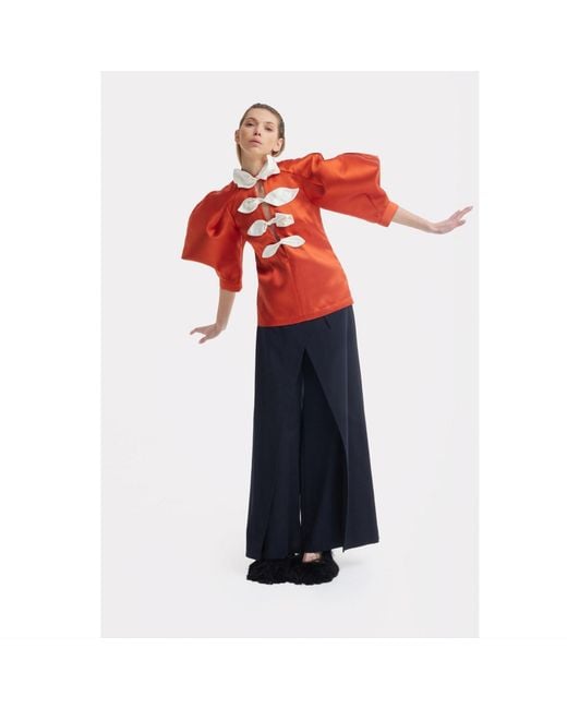 Julia Allert Orange Taffeta Deep V-Neck Blouse With Satin Floral Detail – Terracotta